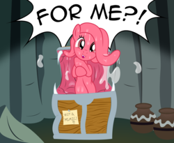 Size: 3105x2550 | Tagged: safe, artist:badumsquish, derpibooru exclusive, oc, oc only, oc:notta mimic, mimic, mimic pony, monster pony, original species, badumsquish is trying to murder us, cave, cute, dark, drool, fangs, female, happy, heart, high res, note, open mouth, pot, slimy, solo, talking to viewer, tongue out, tongue pony, treasure chest, yelling