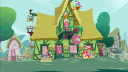 Size: 1343x756 | Tagged: safe, screencap, apple bloom, earth pony, pony, call of the cutie, g4, female, filly, flower, foal, house, ponyville, solo, twist's house