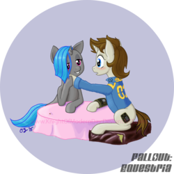 Size: 1024x1024 | Tagged: safe, artist:knightofmodernday, oc, oc only, oc:homage, oc:littlepip, pony, unicorn, fallout equestria, blushing, clothes, cutie mark, fanfic, fanfic art, female, hooves, horn, jumpsuit, lesbian, mare, oc x oc, open mouth, pipbuck, ship:pipmage, shipping, sitting, smiling, table, teeth, vault suit