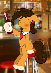 Size: 3000x4271 | Tagged: safe, artist:rainbownspeedash, oc, oc only, oc:chilenia, pony, alcohol, blushing, chile, drunk, nation ponies, ponified, sitting, solo, wine, wine bottle