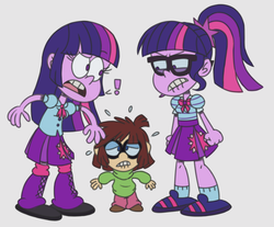 Size: 2232x1848 | Tagged: safe, artist:itoruna-the-platypus, sci-twi, twilight sparkle, alicorn, human, equestria girls, g4, clothes, crossover, female, geode of telekinesis, glasses, leg warmers, lisa loud, nickelodeon, pleated skirt, ponytail, shoes, simple background, skirt, socks, style emulation, the loud house, twilight sparkle (alicorn), twolight, white background