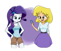 Size: 778x658 | Tagged: safe, artist:twilite-sparkleplz, rarity, human, equestria girls, g4, belt, cellphone, clothes, clothes swap, crossover, female, human female, lori loud, nickelodeon, phone, shorts, skirt, sleeveless, smartphone, tank top, the loud house