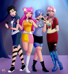 Size: 1300x1415 | Tagged: safe, alternate version, artist:emberfan11, oc, oc:glitter shine (ice1517), oc:night rose (ice1517), human, ami onuki, belt, boots, bow, bracelet, breasts, cartoon network, choker, clothes, commission, compression shorts, concert, converse, crossover, curtains, denim, denim shorts, dress, ear piercing, earring, female, glasses, hair bow, hair over one eye, hi hi puffy ami yumi, humanized, humanized oc, jacket, jewelry, lipstick, microphone, miniskirt, one eye closed, open mouth, pantyhose, piercing, pigtails, ripped pantyhose, ripped stockings, shirt, shoes, shorts, singing, skirt, sneakers, socks, spiked choker, spiked wristband, stage, stockings, t-shirt, tank top, tattoo, thigh highs, torn clothes, twintails, wall of tags, wink, wristband, yumi yoshimura