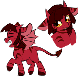 Size: 750x750 | Tagged: safe, artist:cosmalumi, oc, oc only, oc:calamity, oc:calamity (cosmalumi), demon, demon pony, pony, bat wings, four eyes, simple background, smiling, solo, tongue out