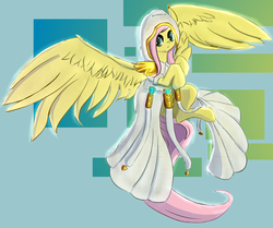 Size: 2000x1669 | Tagged: safe, artist:mistleinn, fluttershy, angel, pegasus, pony, g4, clothes, female, fluttershy the angel, green eyes, hood, hooves to the chest, mare, pink hair, spread wings, wings
