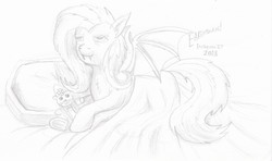 Size: 2509x1485 | Tagged: safe, artist:earthquake87, fluttershy, bat pony, pony, g4, bed, blanket, comfy, cute, fangs, female, flutterbat, lidded eyes, mare, monochrome, pillow, race swap, sketch, smiling, solo, teddy bear, traditional art, vlad tepes, waking up