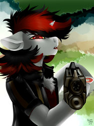 Size: 1200x1600 | Tagged: safe, artist:brainiac, oc, oc only, oc:blackjack, pony, unicorn, fallout equestria, fallout equestria: project horizons, chest fluff, clothes, colored sclera, fanfic art, female, floppy ears, fluffy, frog (hoof), glowing eyes, gun, mare, shotgun, solo, underhoof, weapon, yellow sclera