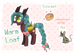 Size: 1024x720 | Tagged: safe, artist:kaikururu, oc, oc only, oc:warm loaf, bat pony, pony, bat pony oc, bow, braid, braided tail, bread, food, hair bow, happy, reference sheet, simple background, slit pupils, smiling, solo, tail bow, transparent background