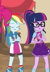Size: 285x408 | Tagged: safe, screencap, rainbow dash, sci-twi, twilight sparkle, equestria girls, equestria girls specials, g4, movie magic, animated, boots, clothes, crossed arms, female, geode of super speed, geode of telekinesis, glasses, magical geodes, ponytail, rainbow socks, shoes, socks, striped socks