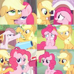 Size: 960x960 | Tagged: safe, edit, editor:lisaloudleijon, screencap, applejack, pinkie pie, g4, magical mystery cure, my little pony: the movie, wonderbolts academy, yakity-sax, collage, consoling, cute, cute moments, female, helps, lesbian, pinkamena diane pie, ship:applepie, shipping