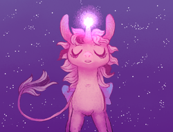 Size: 656x500 | Tagged: safe, artist:comickit, twilight, classical unicorn, pony, unicorn, g1, bow, cloven hooves, eyes closed, horn, leonine tail, night, stars, tail bow, teleportation, unshorn fetlocks, winking out