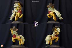 Size: 9216x6144 | Tagged: safe, artist:ciciya, artist:shuxer59, applejack, earth pony, pony, g4, absurd resolution, applejack's hat, bandana, butt, cowboy hat, craft, cute, eyes closed, featured image, female, hat, irl, jackabetes, jumping, mare, open mouth, patreon, patreon logo, photo, plot, polymer clay, sculpture, sexy, smiling, solo, unshorn fetlocks