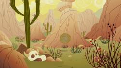 Size: 1439x810 | Tagged: safe, screencap, g4, my little pony: friendship is magic, over a barrel, background, cactus, cow skull, dead, desert, no pony, partly cloudy, saguaro cactus, skull, tumbleweed