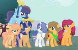 Size: 2395x1543 | Tagged: safe, artist:oopsy-dupsi, oc, oc only, oc:apple flower, oc:apple kelly, oc:crystal heart, oc:cupcake pie, oc:lightning clouds, oc:starfall, alicorn, pony, alicorn oc, base used, female, mare, next generation, offspring, parent:applejack, parent:big macintosh, parent:caramel, parent:cheese sandwich, parent:fancypants, parent:flash sentry, parent:fluttershy, parent:pinkie pie, parent:rainbow dash, parent:rarity, parent:soarin', parent:twilight sparkle, parents:carajack, parents:cheesepie, parents:flashlight, parents:fluttermac, parents:raripants, parents:soarindash, watermark