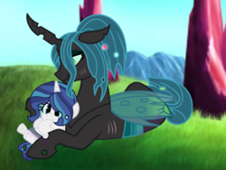 Size: 2288x1720 | Tagged: safe, artist:oopsy-dupsi, artist:rosecart113, queen chrysalis, oc, changeling, changeling queen, changepony, hybrid, g4, alternate hairstyle, baby, base used, crystal empire, duo, female, interspecies offspring, mommy chrissy, mother and daughter, offspring, parent:queen chrysalis, parent:shining armor, parents:shining chrysalis