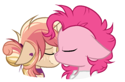 Size: 714x467 | Tagged: safe, artist:mintoria, pinkie pie, oc, oc:morning glory, pony, unicorn, g4, bubble berry, canon x oc, duo, female, floppy ears, kissing, mare, rule 63, simple background, transparent background