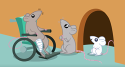 Size: 925x495 | Tagged: safe, screencap, mr. mousey, mouse, a bird in the hoof, g4, animal, bandaged leg, cropped, family, looking up, mouse hole, trio, wheelchair