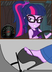 Size: 926x1280 | Tagged: safe, artist:ampersandxyz, artist:colonel-majora-777, edit, sci-twi, twilight sparkle, equestria girls, g4, animated, clothes, cropped, driving, feet, female, high heels, legs, pedal, pictures of legs, platform heels, platform shoes, revving, shoes, solo