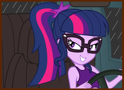 Size: 1139x830 | Tagged: safe, artist:ampersandxyz, artist:colonel-majora-777, edit, sci-twi, twilight sparkle, equestria girls, g4, bedroom eyes, car, car interior, clothes, cute, driving, female, glasses, grin, ponytail, show accurate, smiling, solo, steering wheel