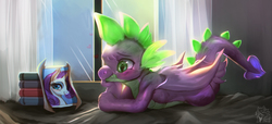 Size: 1100x500 | Tagged: safe, artist:renciel, rarity, spike, dragon, pony, g4, molt down, female, male, mare, picture, ship:sparity, shipping, smiling, straight, winged spike, wings