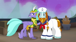 Size: 1280x720 | Tagged: safe, screencap, rockhoof, seaspray, classical hippogriff, earth pony, hippogriff, pony, a rockhoof and a hard place, g4, beard, braid, clothes, duo, facial hair, hippogriff navy, male, moustache, sailor hat, sailor uniform, stallion, uniform