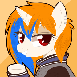 Size: 500x500 | Tagged: safe, artist:bloodyarchimedes, oc, oc:julia minx, pony, unicorn, blue mane, ear piercing, earring, jewelry, orange mane, piercing, red eyes, simple background, smiling, smug, solo, varsity jacket