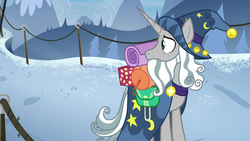 Size: 1280x720 | Tagged: safe, screencap, star swirl the bearded, pony, unicorn, friendship university, g4, beard, clothes, facial hair, hat, looking back, male, mountain, path, robe, snow, solo, stallion, wizard hat