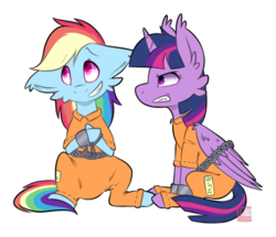 Size: 1669x1433 | Tagged: safe, artist:celiaurore, rainbow dash, twilight sparkle, alicorn, pegasus, pony, g4, angry, bound wings, chains, clothes, commission, commissioner:rainbowdash69, cuffs, duo, frustrated, grin, nervous, nervous smile, never doubt rainbowdash69's involvement, prison outfit, prisoner, prisoner rd, prisoner ts, punishment, shackles, simple background, smiling, transparent background, twilight sparkle (alicorn), twilight sparkle is not amused, unamused