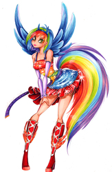 Size: 2082x3188 | Tagged: safe, artist:divinekitten, rainbow dash, oc, oc only, human, g4, clothes, cosplay, costume, dress, fall formal outfits, female, high res, humanized, looking at you, simple background, solo, tailed humanization, traditional art, white background, winged humanization, wings, winx, winx club, winxified