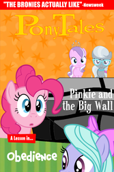 Size: 800x1200 | Tagged: artist needed, safe, edit, diamond tiara, flitter, pinkie pie, silver spoon, series:pony tales, g4, cover art, pinkie and the big wall, veggietales