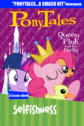 Size: 800x1200 | Tagged: artist needed, safe, edit, pinkie pie, scootaloo, twilight sparkle, duck, series:pony tales, g4, cover art, queen pink and the ducky, veggietales