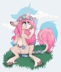 Size: 1486x1759 | Tagged: safe, artist:lonerdemiurge_nail, oc, oc only, oc:tarot, classical unicorn, pony, unicorn, cloud, cloven hooves, curved horn, digital art, ear piercing, female, floppy ears, flower, flower in hair, freckles, grass field, horn, leonine tail, long mane, long tail, mare, palomino, piercing, pink mane, simple background, solo, unshorn fetlocks, ych result