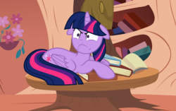 Size: 2576x1616 | Tagged: safe, artist:slb94, twilight sparkle, alicorn, pony, >:c, behaving like a cat, book, bookhorse, female, floppy ears, frown, golden oaks library, grumpy, grumpy twilight, madorable, protecting, solo, that pony sure does love books, twilight sparkle (alicorn)