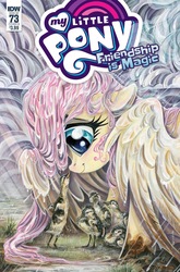 Size: 1054x1600 | Tagged: safe, artist:sara richard, idw, fluttershy, pegasus, pony, friendship is magic #73, g4, spoiler:comic, cover, covering, cute, duckling, female, kindness, mare, rain, shyabetes, smiling