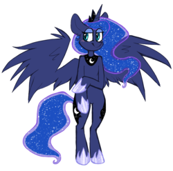 Size: 784x778 | Tagged: safe, artist:warriorcatz239, princess luna, alicorn, semi-anthro, g4, arm hooves, blushing, ethereal mane, female, hoof shoes, jewelry, regalia, simple background, smiling, solo, standing, starry mane, transparent background, wings