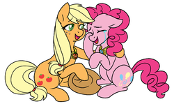 Size: 1280x761 | Tagged: safe, artist:/d/non, applejack, pinkie pie, earth pony, pony, g4, applejack's hat, comforting, cowboy hat, crying, duo, element of honesty, element of laughter, female, floppy ears, freckles, happy, hat, lesbian, male, mare, open mouth, pinkie cry, raised hoof, ship:applepie, shipping, simple background, sitting, smiling, tears of joy, white background
