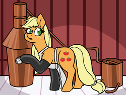 Size: 1280x970 | Tagged: safe, artist:/d/non, applejack, earth pony, pony, g4, :o, alcohol, apron, clothes, distillation, distiller, distillery, female, fireproof boots, full body, looking back, mare, moonshine, open mouth, raised hoof, solo, still