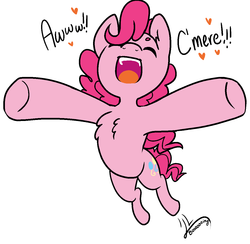 Size: 1217x1186 | Tagged: safe, artist:/d/non, pinkie pie, earth pony, pony, chest fluff, cute, diapinkes, eyes closed, female, happy, heart, incoming hug, it's coming right at us, jumping, mare, open mouth, raised hoof, simple background, smiling, text