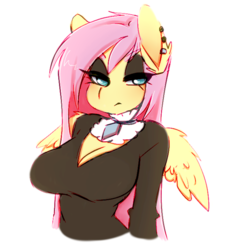 Size: 600x647 | Tagged: safe, artist:tolsticot, fluttershy, pegasus, anthro, fake it 'til you make it, g4, big breasts, boob window, breasts, busty fluttershy, cleavage, clothes, ear piercing, earring, eyeshadow, female, fluttergoth, jewelry, makeup, mare, necklace, piercing, sexy, simple background, solo, stupid sexy fluttershy, sweater, white background