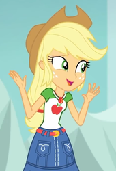 Size: 469x688 | Tagged: safe, screencap, applejack, equestria girls, equestria girls specials, g4, my little pony equestria girls: better together, my little pony equestria girls: rollercoaster of friendship, belt, clothes, cowboy hat, cropped, denim skirt, female, freckles, geode of super strength, hands in the air, hands up, hat, skirt, stetson