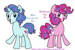 Size: 1800x1200 | Tagged: safe, artist:glitterstarwolfqueen, oc, oc:blue raspberry pie, oc:bubblegum pop pie, pony, unicorn, brother and sister, female, male, offspring, parent:party favor, parent:pinkie pie, parents:partypie, simple background, white background