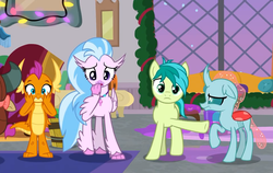 Size: 964x611 | Tagged: safe, screencap, ocellus, sandbar, silverstream, smolder, yona, changedling, changeling, classical hippogriff, dragon, earth pony, hippogriff, pony, g4, the hearth's warming club, blame, cropped, female, male, ocellus is not amused, pointing