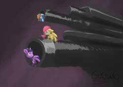 Size: 3308x2339 | Tagged: safe, artist:geljado, fluttershy, rainbow dash, twilight sparkle, alicorn, pegasus, pony, g4, exploring, gun, gun barrel, high res, micro, simple background, sleeping, trio, twilight sparkle (alicorn), weapon, zzz