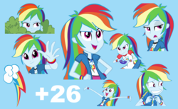 Size: 1024x632 | Tagged: safe, artist:ilaria122, artist:luckreza8, artist:mlpcreativelab, rainbow dash, equestria girls, equestria girls specials, g4, guitar centered, my little pony equestria girls, my little pony equestria girls: better together, my little pony equestria girls: movie magic, my little pony equestria girls: rainbow rocks, pinkie spy (short), blue background, bush, clothes, controller, cutie mark, geode of super speed, magical geodes, open mouth, pack, pinkie spy, plus sign, simple background, skirt, smiling, sticker set, telegram sticker