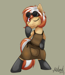Size: 2800x3200 | Tagged: safe, artist:milkychocoberry, oc, oc only, oc:milky chocoberry, pony, blacksmith, blank flank, clothes, female, gloves, goggles, high res, mare, simple background, solo