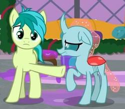 Size: 467x408 | Tagged: safe, screencap, ocellus, sandbar, changedling, changeling, earth pony, pony, g4, the hearth's warming club, accusation, cropped, female, male, ocellus is not amused, pointing