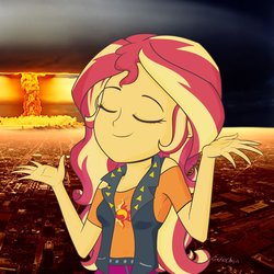 Size: 3000x3000 | Tagged: safe, artist:katakiuchi4u, sunset shimmer, equestria girls, g4, my little pony equestria girls: better together, eyes closed, female, high res, mushroom cloud, nuclear weapon, shrug, shrugset shimmer, solo, this will end in death, weapon