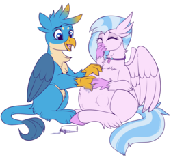 Size: 841x775 | Tagged: safe, artist:lulubell, derpibooru exclusive, gallus, silverstream, classical hippogriff, griffon, hippogriff, g4, belly, big belly, chest fluff, cute, diastreamies, female, gallabetes, hoof on belly, interspecies, kicking, male, oil, ointment, older, paws, pregnant, pregstream, rubbing, ship:gallstream, shipping, simple background, straight, transparent background