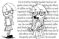 Size: 1500x1000 | Tagged: safe, artist:chopsticks, twilight sparkle, human, g4, adoracreepy, adorkable, bloodshot eyes, braces, caffeine, caffeine overload, child, clothes, creepy, cute, dialogue, dork, female, for science, grayscale, monochrome, need to pee, obscured text, pleated skirt, potty time, school uniform, shivering, shoes, sketch, skirt, sleep deprivation, socks, solo, stuttering, text, twiabetes, younger