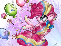 Size: 960x720 | Tagged: safe, artist:crystalraimbow, pinkie pie, earth pony, pony, g4, balloon, candy, confetti, cupcake, female, food, lollipop, rainbow power, solo
